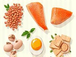 Illustration depicting various protein sources like meat, fish, eggs, and legumes