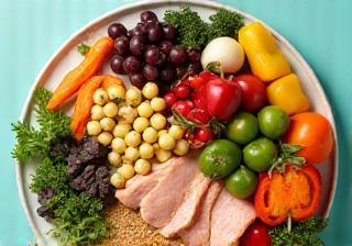 Assortment of healthy foods like fruits, vegetables, and lean proteins