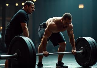 Athlete performing a heavy deadlift with attentive strength coach spotting